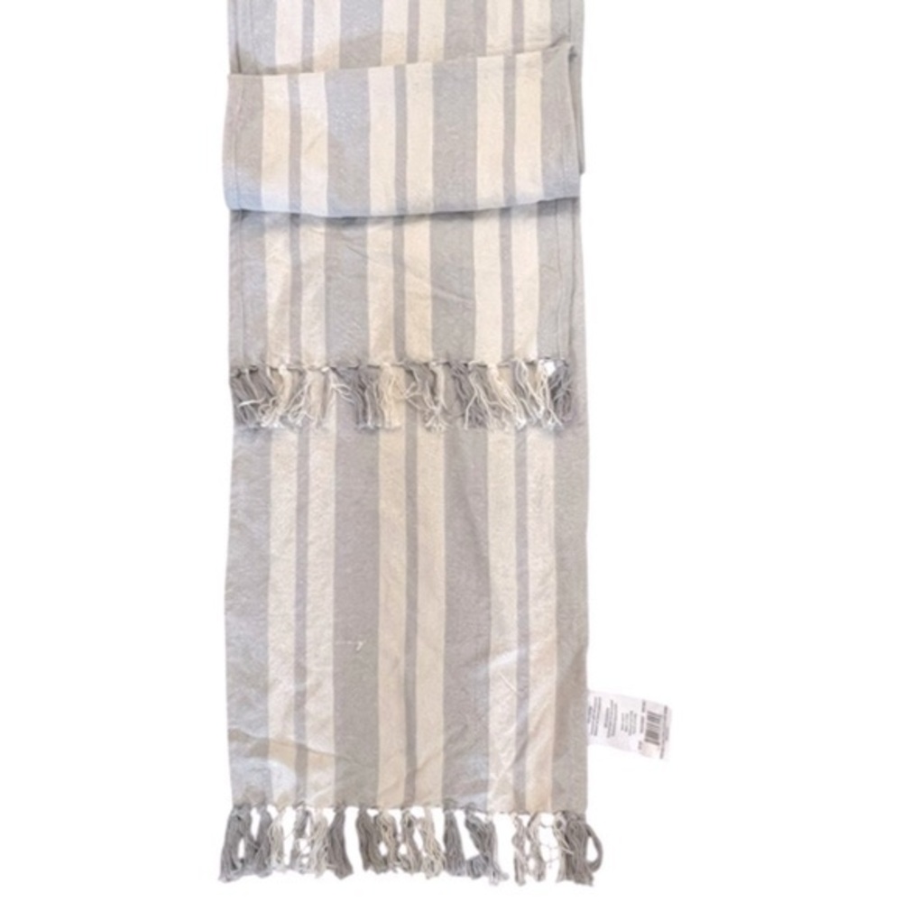 Vapor Multi Sasha Stripe Cotton FringeTable Runner 16” x 90” cream & blue-gray